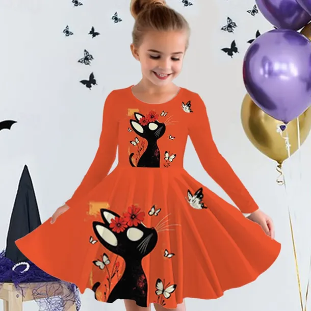 Girls' 3D Graphic Animal Cat Dress Long Sleeve Summer Spring Vacation Daily Holiday Princess Beautiful Sweet Kids 4-12 Years Casual Dress A Line Dress Knee-length Regular Fit