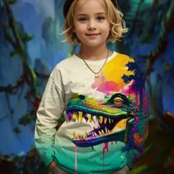 Girls' 3D Graphic Animal Dinosaur T shirt Tee Long Sleeve Spring Fall Fashion Basic Kids 4-12 Years Crew Neck Outdoor Casual Daily Regular Fit