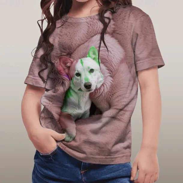 Girls' 3D Graphic Animal Dog Tee Short Sleeve Summer Spring Fashion Basic Kids 4-12 Years Crew Neck Outdoor Casual Daily Regular Fit