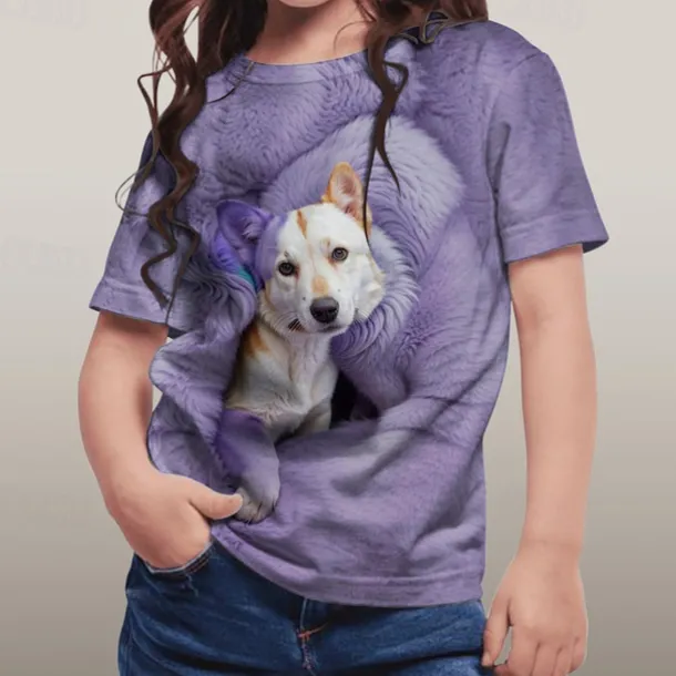 Girls' 3D Graphic Animal Dog Tee Short Sleeve Summer Spring Fashion Basic Kids 4-12 Years Crew Neck Outdoor Casual Daily Regular Fit