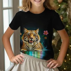 Girls' 3D Graphic Animal Tiger Tee Short Sleeve Summer Spring Fashion Basic Kids 4-12 Years Crew Neck Outdoor Casual Daily Regular Fit
