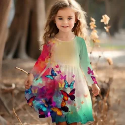 Girls' 3D Graphic Butterfly Dress Long Sleeve 3D Print Summer Spring Fall Vacation Sports & Outdoor Daily Cute Casual Beautiful Kids 3-12 Years Casual Dress A Line Dress Above Knee Regular Fit