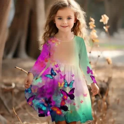 Girls' 3D Graphic Butterfly Dress Long Sleeve 3D Print Summer Spring Fall Vacation Sports & Outdoor Daily Cute Casual Beautiful Kids 3-12 Years Casual Dress A Line Dress Above Knee Regular Fit