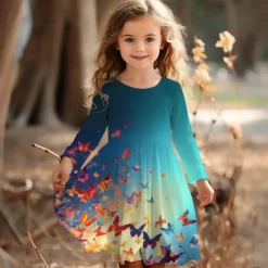 Girls' 3D Graphic Butterfly Dress Long Sleeve 3D Print Summer Spring Fall Vacation Sports & Outdoor Daily Cute Casual Beautiful Kids 3-12 Years Casual Dress A Line Dress Above Knee Regular Fit
