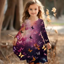 Girls' 3D Graphic Butterfly Dress Long Sleeve 3D Print Summer Spring Fall Vacation Sports & Outdoor Daily Cute Casual Beautiful Kids 3-12 Years Casual Dress A Line Dress Above Knee Regular Fit