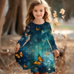 Girls' 3D Graphic Butterfly Dress Long Sleeve 3D Print Summer Spring Fall Vacation Sports & Outdoor Daily Cute Casual Beautiful Kids 3-12 Years Casual Dress A Line Dress Above Knee Regular Fit