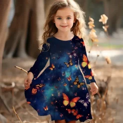 Girls' 3D Graphic Butterfly Dress Long Sleeve 3D Print Summer Spring Fall Vacation Sports & Outdoor Daily Cute Casual Beautiful Kids 3-12 Years Casual Dress A Line Dress Above Knee Regular Fit