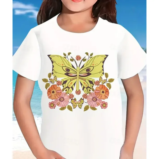 Girls' 3D Graphic Butterfly T shirt Tee Short Sleeve Summer Spring Fashion Basic Kids 4-12 Years Crew Neck Outdoor Casual Daily Regular Fit