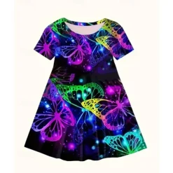 Girls' 3D Graphic Butterfly Dress Short Sleeve Summer Spring Vacation Daily Holiday Beautiful Sweet Kids 4-12 Years Casual Dress A Line Dress Knee-length Regular Fit