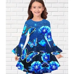 Girls' 3D Graphic Butterfly Dress Long Sleeve Summer Spring Vacation Daily Holiday Princess Beautiful Sweet Kids 4-12 Years Casual Dress A Line Dress Knee-length Regular Fit