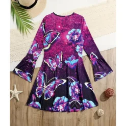 Girls' 3D Graphic Butterfly Dress Long Sleeve Summer Spring Vacation Daily Holiday Princess Beautiful Sweet Kids 4-12 Years Casual Dress A Line Dress Knee-length Regular Fit