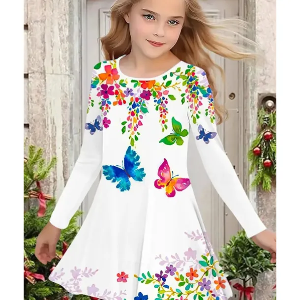 Girls' 3D Graphic Butterfly Dress Long Sleeve Summer Spring Vacation Daily Holiday Princess Beautiful Sweet Kids 4-12 Years Casual Dress A Line Dress Knee-length Regular Fit