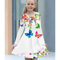 Girls' 3D Graphic Butterfly Dress Long Sleeve Summer Spring Vacation Daily Holiday Princess Beautiful Sweet Kids 4-12 Years Casual Dress A Line Dress Knee-length Regular Fit