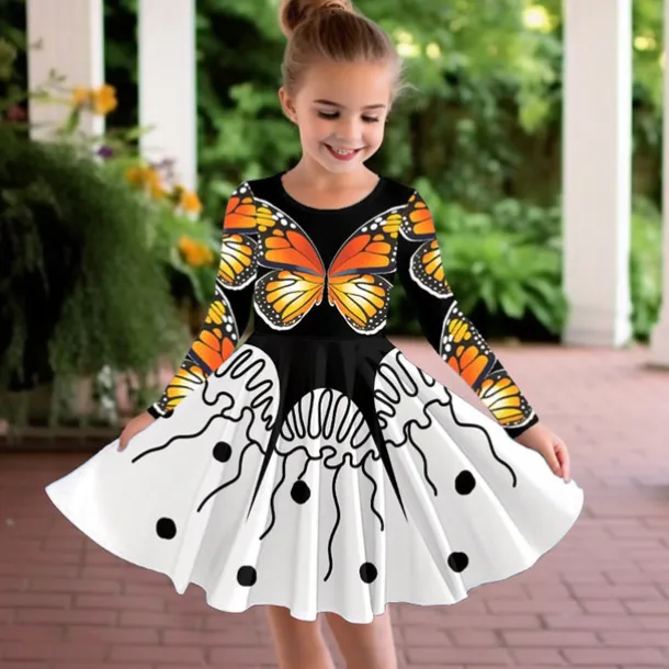 Girls' 3D Graphic Butterfly Dress Long Sleeve 3D Print Summer Fall Sports & Outdoor Daily Holiday Cute Casual Beautiful Kids 3-12 Years Casual Dress A Line Dress Above Knee Polyester Regular Fit