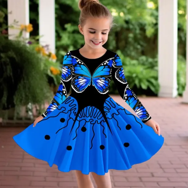 Girls' 3D Graphic Butterfly Dress Long Sleeve 3D Print Summer Fall Sports & Outdoor Daily Holiday Cute Casual Beautiful Kids 3-12 Years Casual Dress A Line Dress Above Knee Polyester Regular Fit