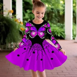 Girls' 3D Graphic Butterfly Dress Long Sleeve 3D Print Summer Fall Sports & Outdoor Daily Holiday Cute Casual Beautiful Kids 3-12 Years Casual Dress A Line Dress Above Knee Polyester Regular Fit