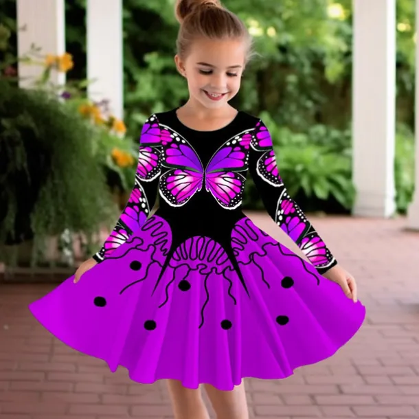 Girls' 3D Graphic Butterfly Dress Long Sleeve 3D Print Summer Fall Sports & Outdoor Daily Holiday Cute Casual Beautiful Kids 3-12 Years Casual Dress A Line Dress Above Knee Polyester Regular Fit