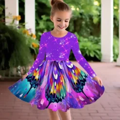Girls' 3D Graphic Butterfly Dress Long Sleeve 3D Print Summer Fall Vacation Sports & Outdoor Daily Cute Casual Beautiful Kids 3-12 Years Casual Dress A Line Dress Above Knee Regular Fit