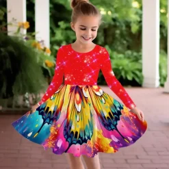 Girls' 3D Graphic Butterfly Dress Long Sleeve 3D Print Summer Fall Vacation Sports & Outdoor Daily Cute Casual Beautiful Kids 3-12 Years Casual Dress A Line Dress Above Knee Regular Fit