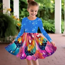 Girls' 3D Graphic Butterfly Dress Long Sleeve 3D Print Summer Fall Vacation Sports & Outdoor Daily Cute Casual Beautiful Kids 3-12 Years Casual Dress A Line Dress Above Knee Regular Fit
