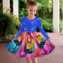 Girls' 3D Graphic Butterfly Dress Long Sleeve 3D Print Summer Fall Vacation Sports & Outdoor Daily Cute Casual Beautiful Kids 3-12 Years Casual Dress A Line Dress Above Knee Regular Fit