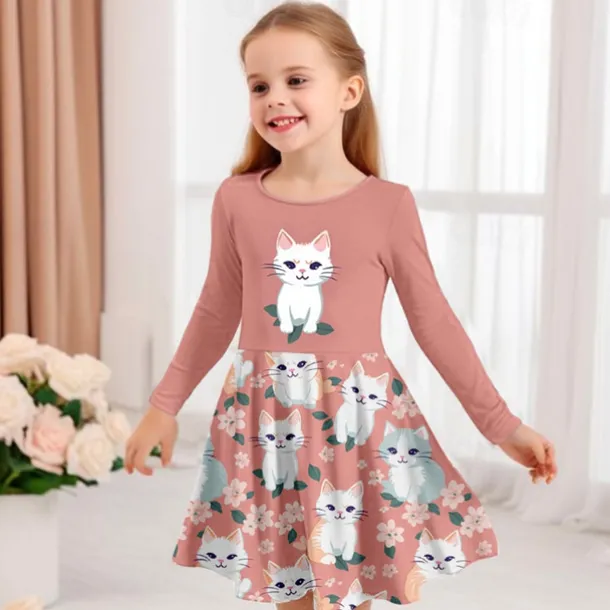 Girls' 3D Graphic Cartoon Cat Dress Long Sleeve 3D Print Summer Spring Fall Vacation Sports & Outdoor Daily Cute Casual Beautiful Kids 3-12 Years Casual Dress A Line Dress Above Knee Regular Fit
