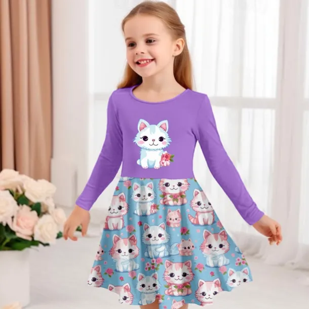Girls' 3D Graphic Cartoon Cat Dress Long Sleeve 3D Print Summer Spring Fall Vacation Sports & Outdoor Daily Cute Casual Beautiful Kids 3-12 Years Casual Dress A Line Dress Above Knee Regular Fit