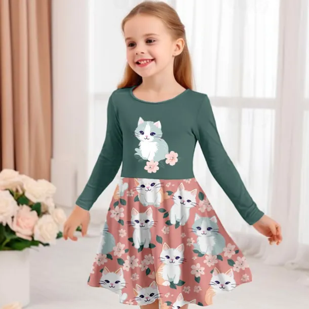 Girls' 3D Graphic Cartoon Cat Dress Long Sleeve 3D Print Summer Spring Fall Vacation Sports & Outdoor Daily Cute Casual Beautiful Kids 3-12 Years Casual Dress A Line Dress Above Knee Regular Fit