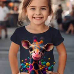 Girls' 3D Graphic Cartoon Giraffe T shirt Tee Short Sleeve 3D Print Summer Spring Active Fashion Cute Kids 3-12 Years Outdoor Casual Daily Regular Fit