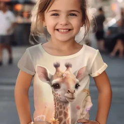 Girls' 3D Graphic Cartoon Giraffe T shirt Tee Short Sleeve 3D Print Summer Spring Active Fashion Cute Kids 3-12 Years Outdoor Casual Daily Regular Fit