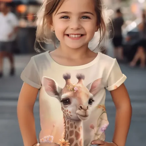 Girls' 3D Graphic Cartoon Giraffe T shirt Tee Short Sleeve 3D Print Summer Spring Active Fashion Cute Kids 3-12 Years Outdoor Casual Daily Regular Fit