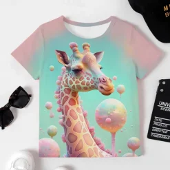 Girls' 3D Graphic Cartoon Giraffe T shirt Tee Short Sleeve 3D Print Summer Spring Active Fashion Cute Kids 3-12 Years Outdoor Casual Daily Regular Fit
