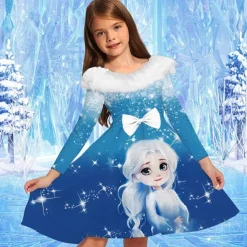 Girls' 3D Graphic Cartoon Snowflake Dress Ruffle Dress Long Sleeve Spring Fall Vacation Daily Holiday Beautiful Sweet Kids 4-12 Years Party Dress A Line Dress Knee-length Regular Fit