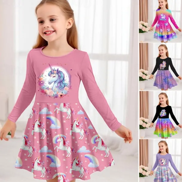 Girls' 3D Graphic Cartoon Unicorn Dress Long Sleeve 3D Print Summer Fall Vacation Sports & Outdoor Daily Cute Casual Beautiful Kids 3-12 Years Casual Dress A Line Dress Above Knee Regular Fit