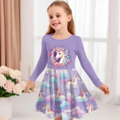 Girls' 3D Graphic Cartoon Unicorn Dress Long Sleeve 3D Print Summer Fall Vacation Sports & Outdoor Daily Cute Casual Beautiful Kids 3-12 Years Casual Dress A Line Dress Above Knee Regular Fit