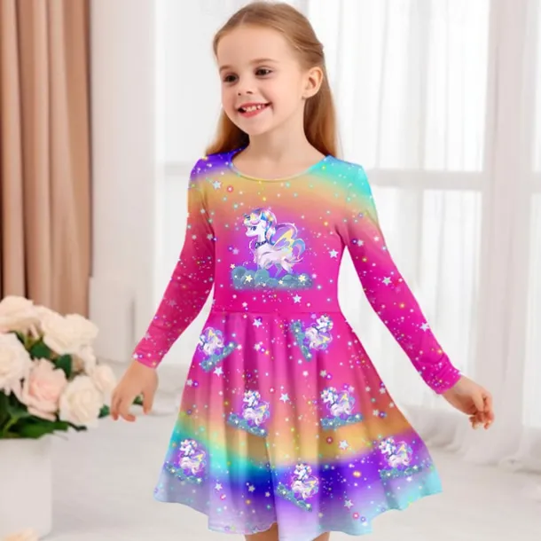 Girls' 3D Graphic Cartoon Unicorn Dress Long Sleeve 3D Print Summer Fall Vacation Sports & Outdoor Daily Cute Casual Beautiful Kids 3-12 Years Casual Dress A Line Dress Above Knee Regular Fit