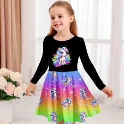 Girls' 3D Graphic Cartoon Unicorn Dress Long Sleeve 3D Print Summer Fall Vacation Sports & Outdoor Daily Cute Casual Beautiful Kids 3-12 Years Casual Dress A Line Dress Above Knee Regular Fit