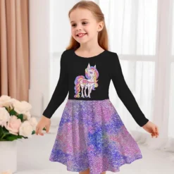 Girls' 3D Graphic Cartoon Unicorn Dress Long Sleeve 3D Print Summer Fall Vacation Sports & Outdoor Daily Cute Casual Beautiful Kids 3-12 Years Casual Dress A Line Dress Above Knee Regular Fit