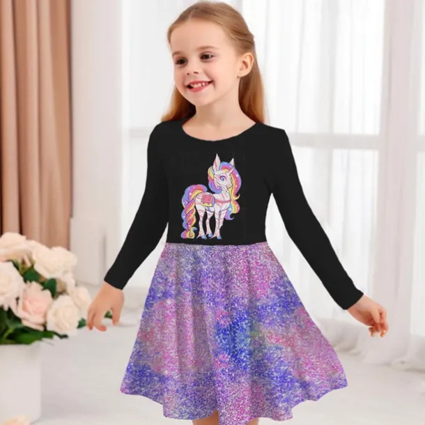 Girls' 3D Graphic Cartoon Unicorn Dress Long Sleeve 3D Print Summer Fall Vacation Sports & Outdoor Daily Cute Casual Beautiful Kids 3-12 Years Casual Dress A Line Dress Above Knee Regular Fit