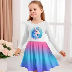 Girls' 3D Graphic Cartoon Unicorn Dress Long Sleeve 3D Print Summer Fall Vacation Sports & Outdoor Daily Cute Casual Beautiful Kids 3-12 Years Casual Dress A Line Dress Above Knee Regular Fit