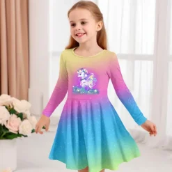 Girls' 3D Graphic Cartoon Unicorn Dress Long Sleeve 3D Print Summer Fall Vacation Sports & Outdoor Daily Cute Casual Beautiful Kids 3-12 Years Casual Dress A Line Dress Above Knee Regular Fit