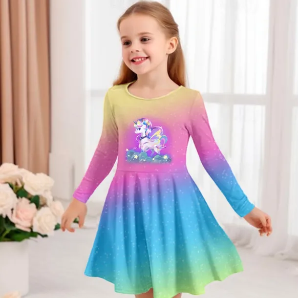 Girls' 3D Graphic Cartoon Unicorn Dress Long Sleeve 3D Print Summer Fall Vacation Sports & Outdoor Daily Cute Casual Beautiful Kids 3-12 Years Casual Dress A Line Dress Above Knee Regular Fit