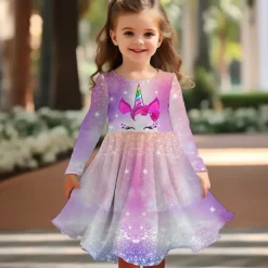 Girls' 3D Graphic Cartoon Unicorn Dress Long Sleeve 3D Print Summer Fall Vacation Sports & Outdoor Daily Cute Casual Beautiful Kids 3-12 Years Casual Dress A Line Dress Above Knee Regular Fit