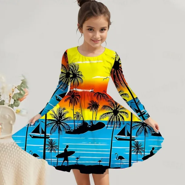 Girls' 3D Graphic Coconut Tree Dress Long Sleeve Summer Spring Vacation Daily Holiday Princess Beautiful Sweet Kids 4-12 Years Casual Dress A Line Dress Knee-length Regular Fit