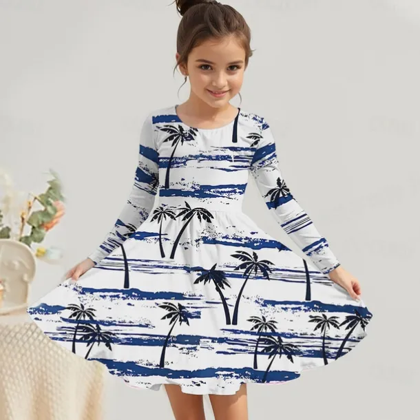 Girls' 3D Graphic Coconut Tree Dress Long Sleeve Summer Spring Vacation Daily Holiday Princess Beautiful Sweet Kids 4-12 Years Casual Dress A Line Dress Knee-length Regular Fit