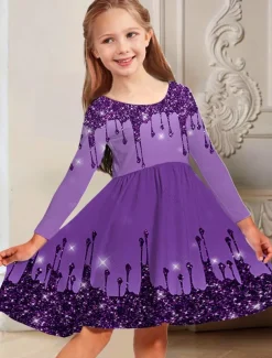 Girls' 3D Graphic Dress Long Sleeve 3D Print Spring Fall Vacation Daily Holiday Cute Casual Sweet Kids 3-10 Years Swing Dress A Line Dress Above Knee Regular Fit