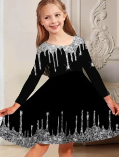 Girls' 3D Graphic Dress Long Sleeve 3D Print Spring Fall Vacation Daily Holiday Cute Casual Sweet Kids 3-10 Years Swing Dress A Line Dress Above Knee Regular Fit