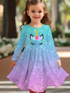 Girls' 3D Graphic Dress Long Sleeve 3D Print Spring Fall Vacation Daily Holiday Cute Casual Sweet Kids 3-10 Years Swing Dress A Line Dress Above Knee Regular Fit