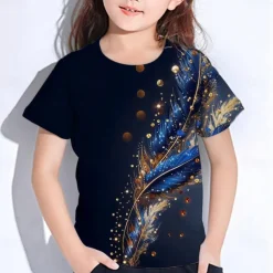 Girls' 3D Graphic Feathers T shirt Tee Short Sleeve Summer Spring Fashion Basic Kids 4-12 Years Crew Neck Outdoor Casual Daily Regular Fit