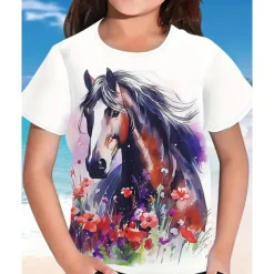 Girls' 3D Graphic Horse T shirt Tee Short Sleeve Summer Spring Fashion Basic Kids 4-12 Years Crew Neck Outdoor Casual Daily Regular Fit